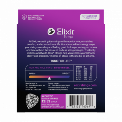 Elixir NanoWeb Phosphor Bronze 12-53 Light 3-pak - Struny do gitary akustycznej
