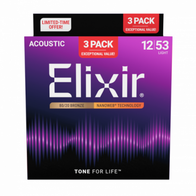 Elixir NanoWeb 80/20 Bronze 12-53 Light 3-pak - Struny do gitary akustycznej