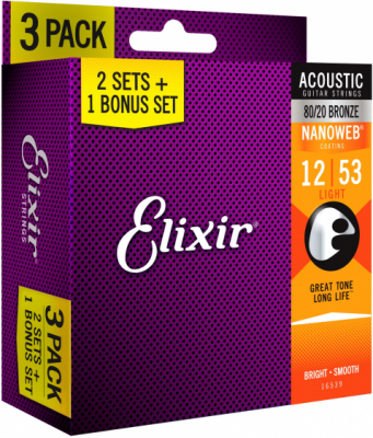 Elixir struny do gitary akustycznej NANOWEB 80/20 Bronze 12-53 3-pack