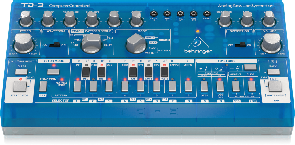 Behringer TD-3-BB Syntezator linii basowej niebieski przeźroczysty
