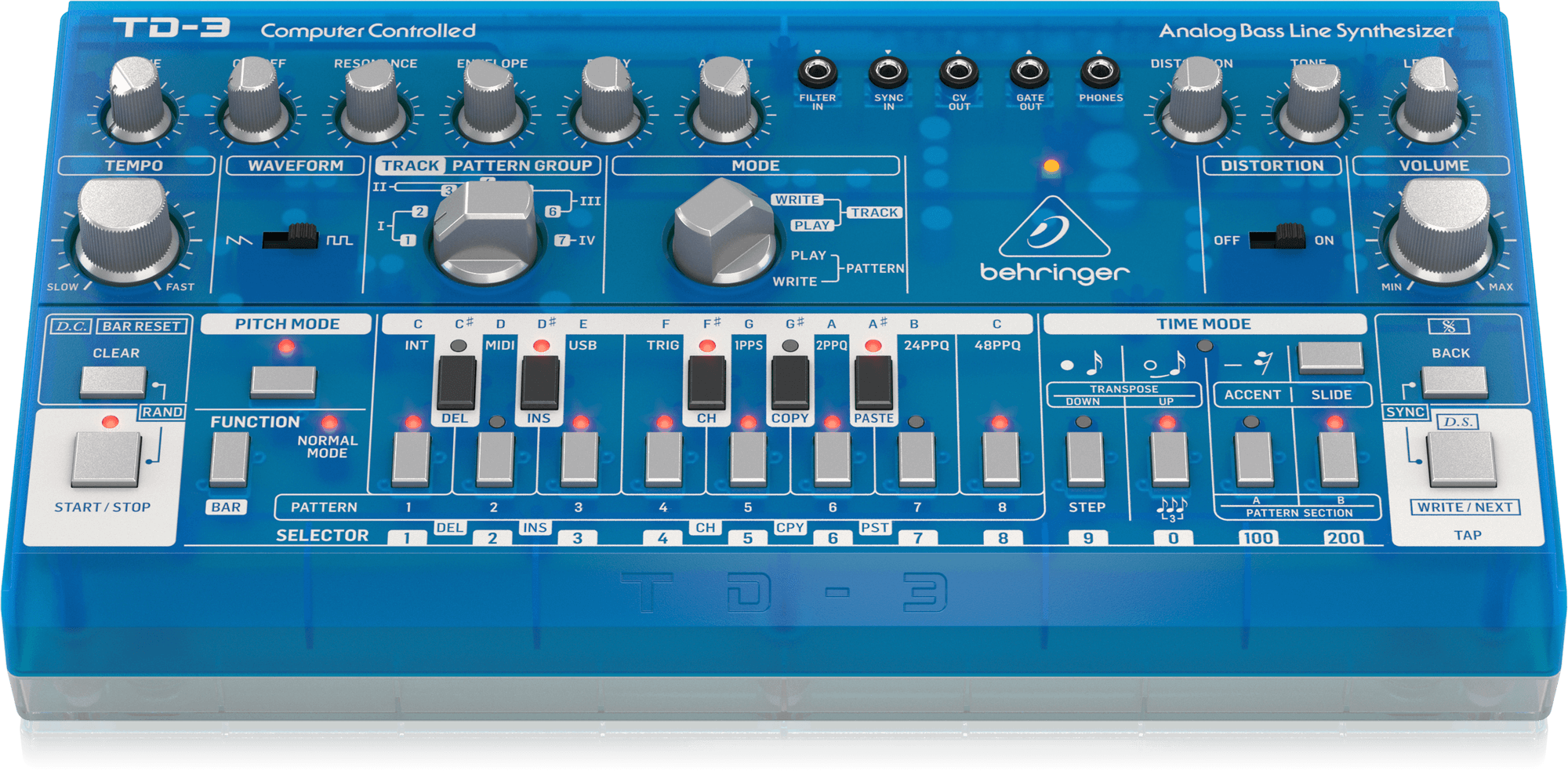 Behringer TD-3-BB Syntezator linii basowej niebieski przeźroczysty