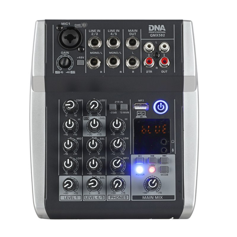 DNA QMX502 analogowy mikser dźwięku 5 kanałów Bluetooth USB MP3 Phantom +48V akumulator 2500 mAh