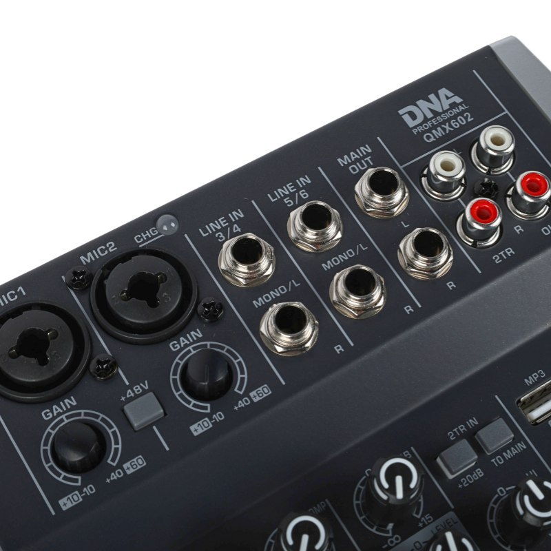 DNA QMX602 analogowy mikser dźwięku 6 kanałów Bluetooth USB MP3 Phantom +48V akumulator 2500 mAh