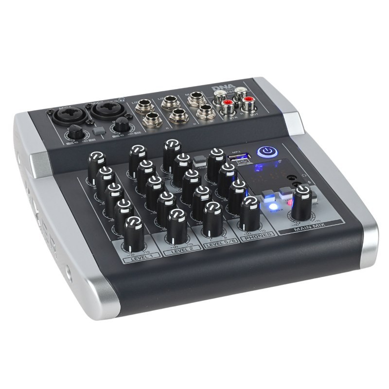 DNA QMX602 analogowy mikser dźwięku 6 kanałów Bluetooth USB MP3 Phantom +48V akumulator 2500 mAh