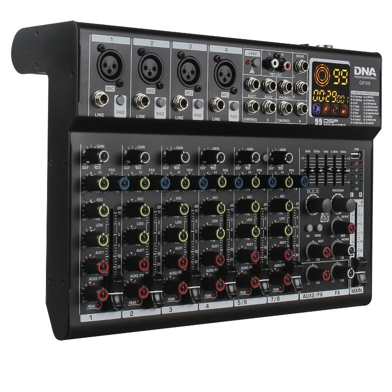 DNA QFX8 analogowy mikser dźwięku 8 kanałów Bluetooth USB MP3 Phantom +48V DSP
