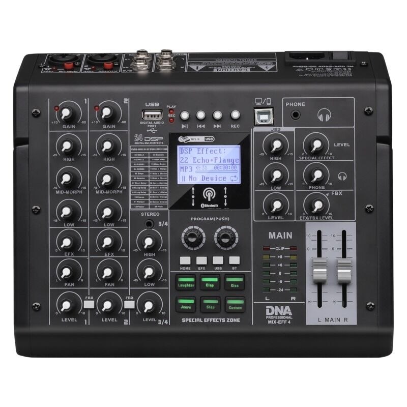 DNA MIX-EFF 4 analogowy mikser dźwięku 4 kanały USB MP3 Bluetooth Phantom +48V DSP EQ efekty dźwiękowe