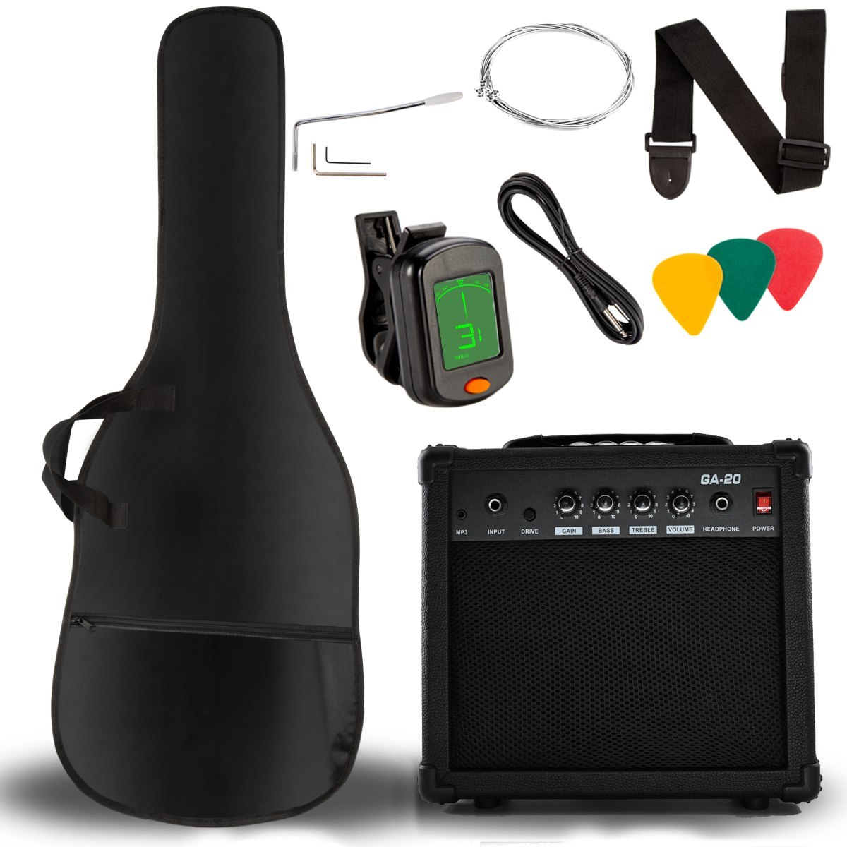 V-TONE EGA 39 BK gitara elektryczna 4/4 stratocaster 39" SSS wzmacniacz pokrowiec pasek przewód jack-jack tuner kostki do gry struny ramię tremolo klucze imbusowe zestaw