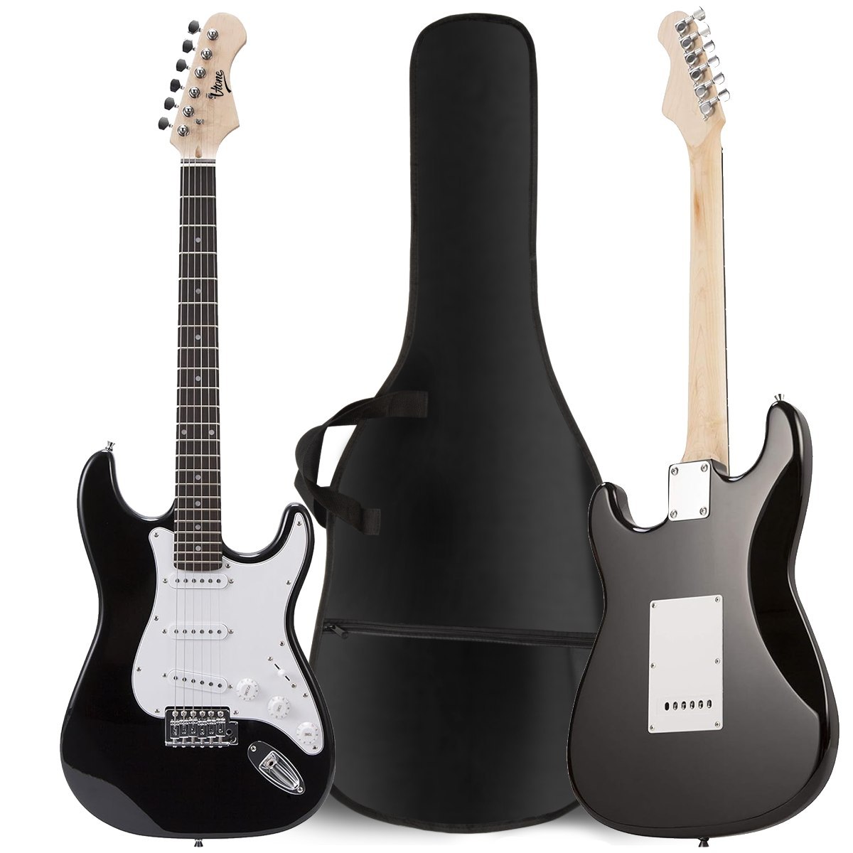 V-TONE EGA 39 BK gitara elektryczna 4/4 stratocaster 39" SSS wzmacniacz pokrowiec pasek przewód jack-jack tuner kostki do gry struny ramię tremolo klucze imbusowe zestaw