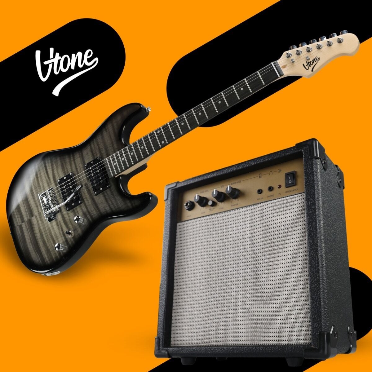 V-TONE EGW 39 GY gitara elektryczna 4/4 stratocaster 39" HH wzmacniacz pokrowiec pasek przewód jack-jack tuner kostki do gry struny ramię tremolo klucze imbusowe zestaw