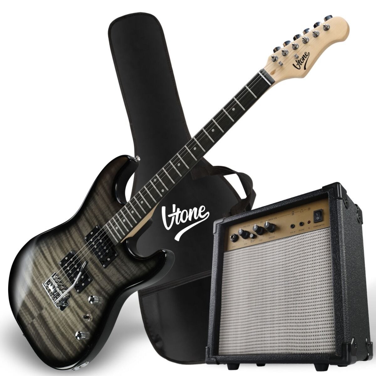 V-TONE EGW 39 GY gitara elektryczna 4/4 stratocaster 39" HH wzmacniacz pokrowiec pasek przewód jack-jack tuner kostki do gry struny ramię tremolo klucze imbusowe zestaw