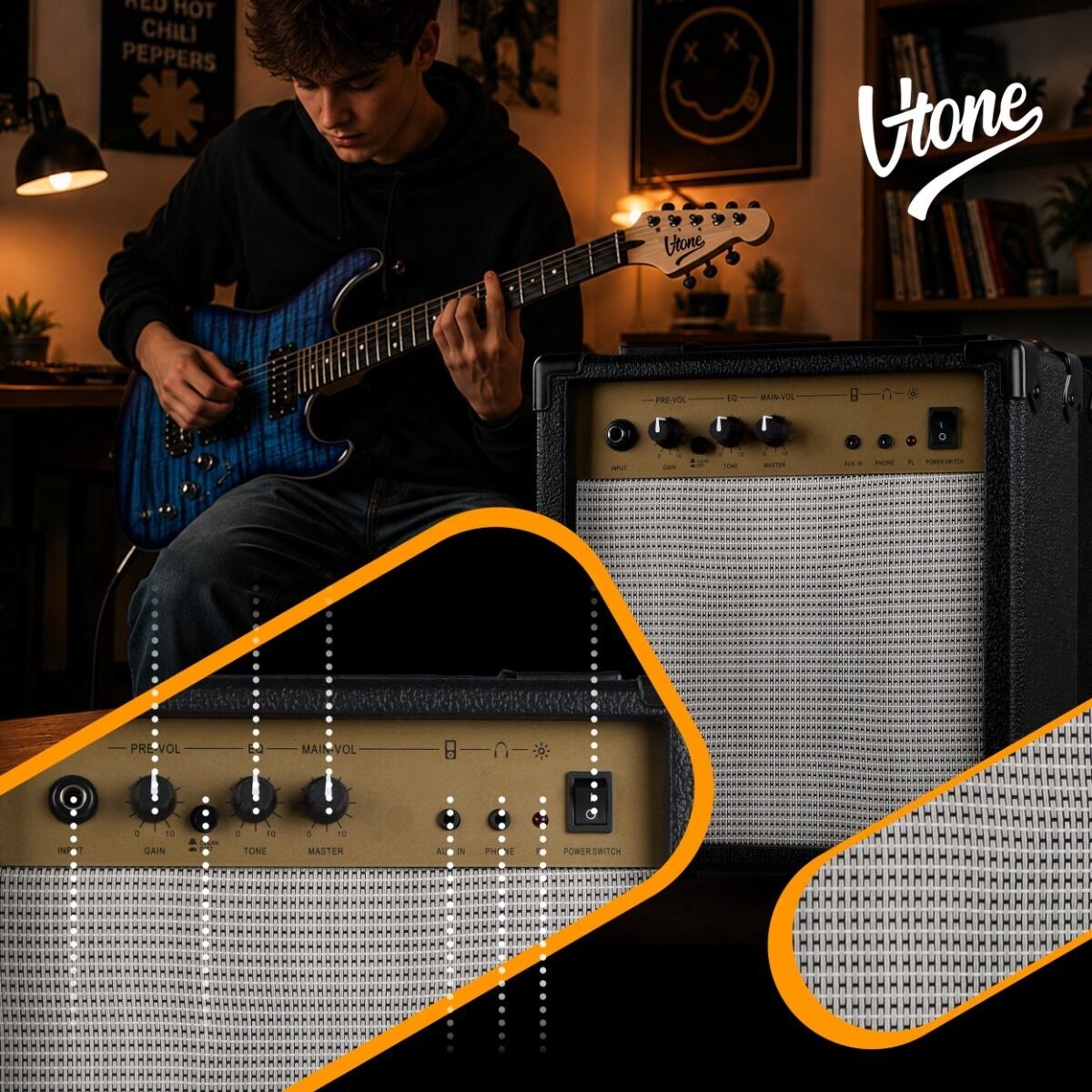 V-TONE EGW 39 BL gitara elektryczna 4/4 stratocaster 39" HH wzmacniacz pokrowiec pasek przewód jack-jack tuner kostki do gry struny ramię tremolo klucze imbusowe zestaw