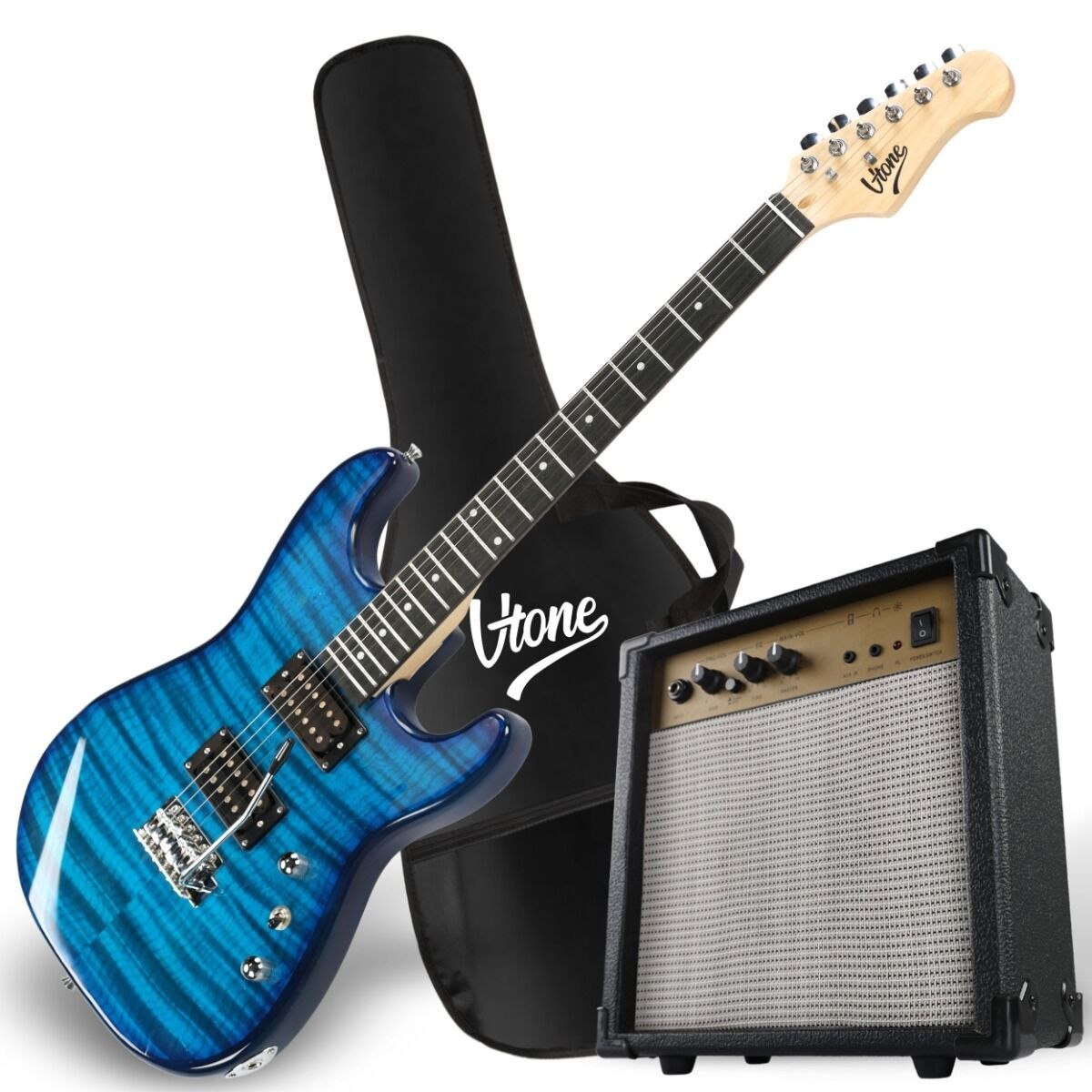 V-TONE EGW 39 BL gitara elektryczna 4/4 stratocaster 39" HH wzmacniacz pokrowiec pasek przewód jack-jack tuner kostki do gry struny ramię tremolo klucze imbusowe zestaw