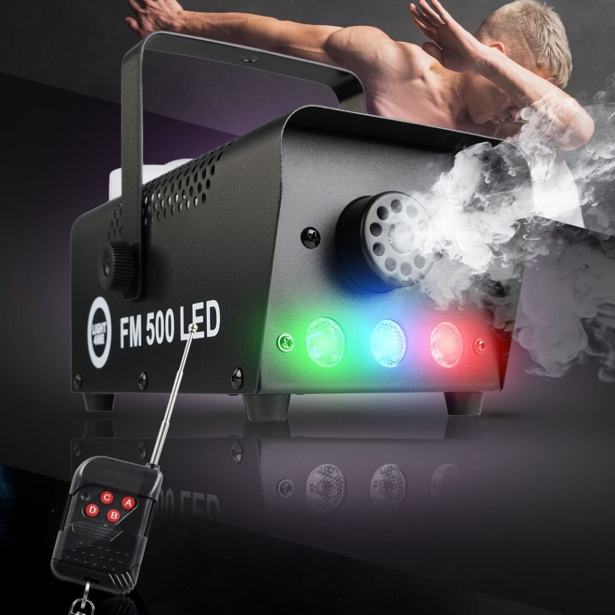 LIGHT4ME FM 500 LED V2 wytwornica dymu mgły pilot bezprzewodowy kontroler przewodowy 500W efekt świetlny 3x1W RGB
