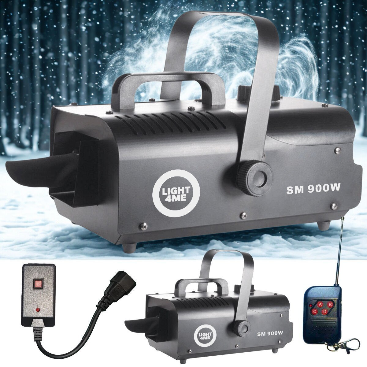 LIGHT4ME SM 900W wytwornica maszyna do śniegu czarna pilot bezprzewodowy kontroler przewodowy