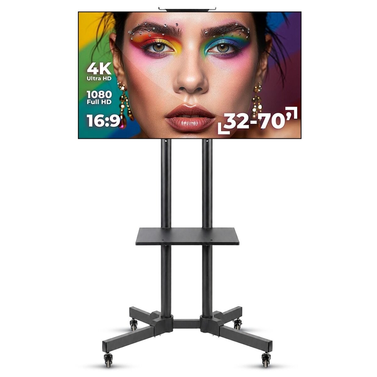 DNA TV STAND statyw podłogowy czarny stalowy uchwyt do telewizora 32-70 cali półka górna dolna kółka do 50 kg