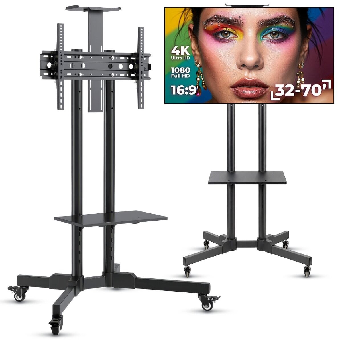 DNA TV STAND statyw podłogowy czarny stalowy uchwyt do telewizora 32-70 cali półka górna dolna kółka do 50 kg