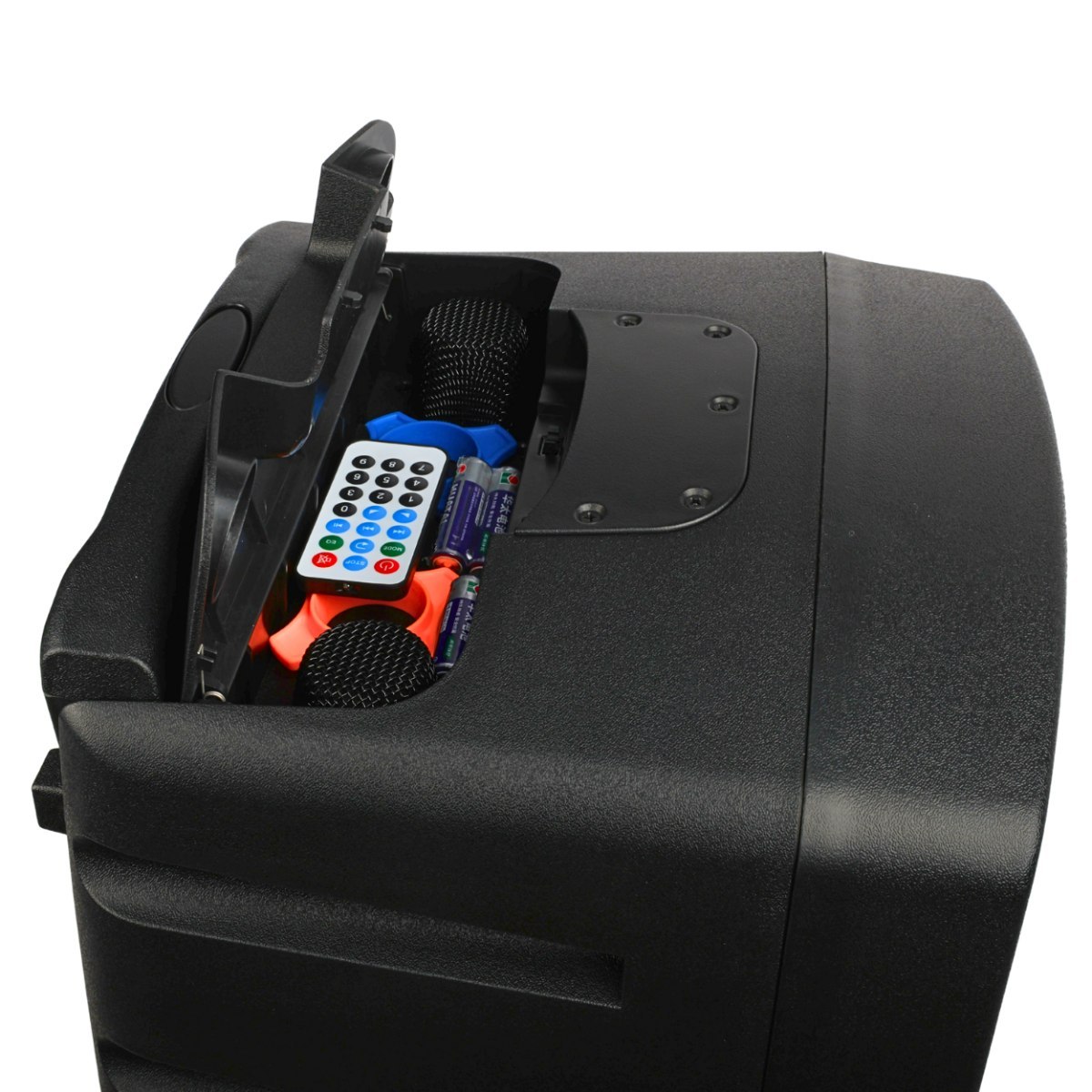 V-TONE BQ12 GO MP3 kolumna aktywna akumulatorowa czarna Bluetooth TWS USB SD DSP AUX pilot na podczerwień 2x mikrofon bezprzewodowy wysuwana rączka kółka transportowe zestaw