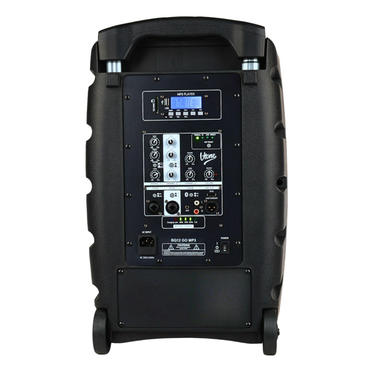 V-TONE BQ12 GO MP3 kolumna aktywna akumulatorowa czarna Bluetooth TWS USB SD DSP AUX pilot na podczerwień 2x mikrofon bezprzewodowy wysuwana rączka kółka transportowe zestaw