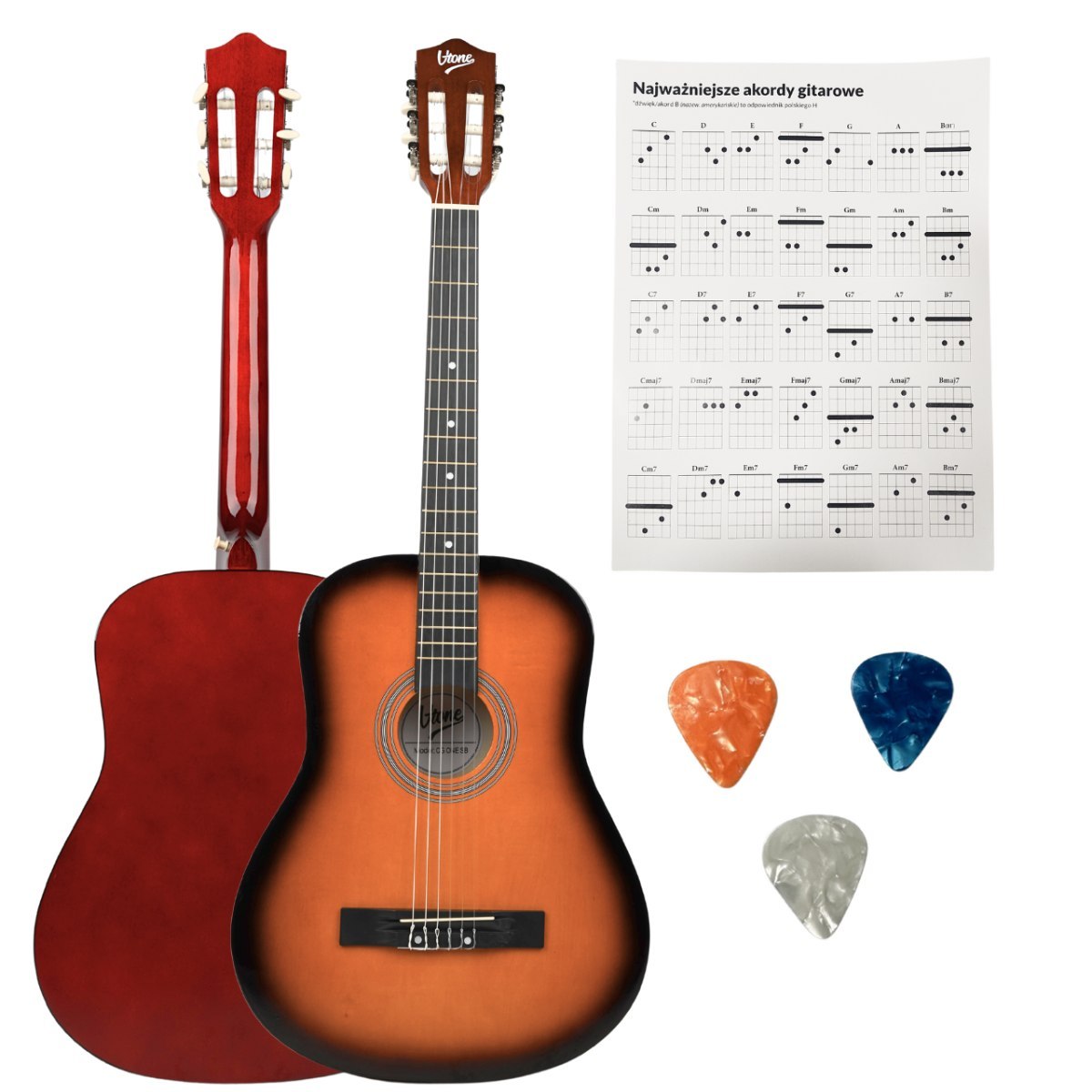V-TONE BCG SB gitara klasyczna 4/4 sunburst do nauki dla początkujących 3x kostka do gry akordy zestaw