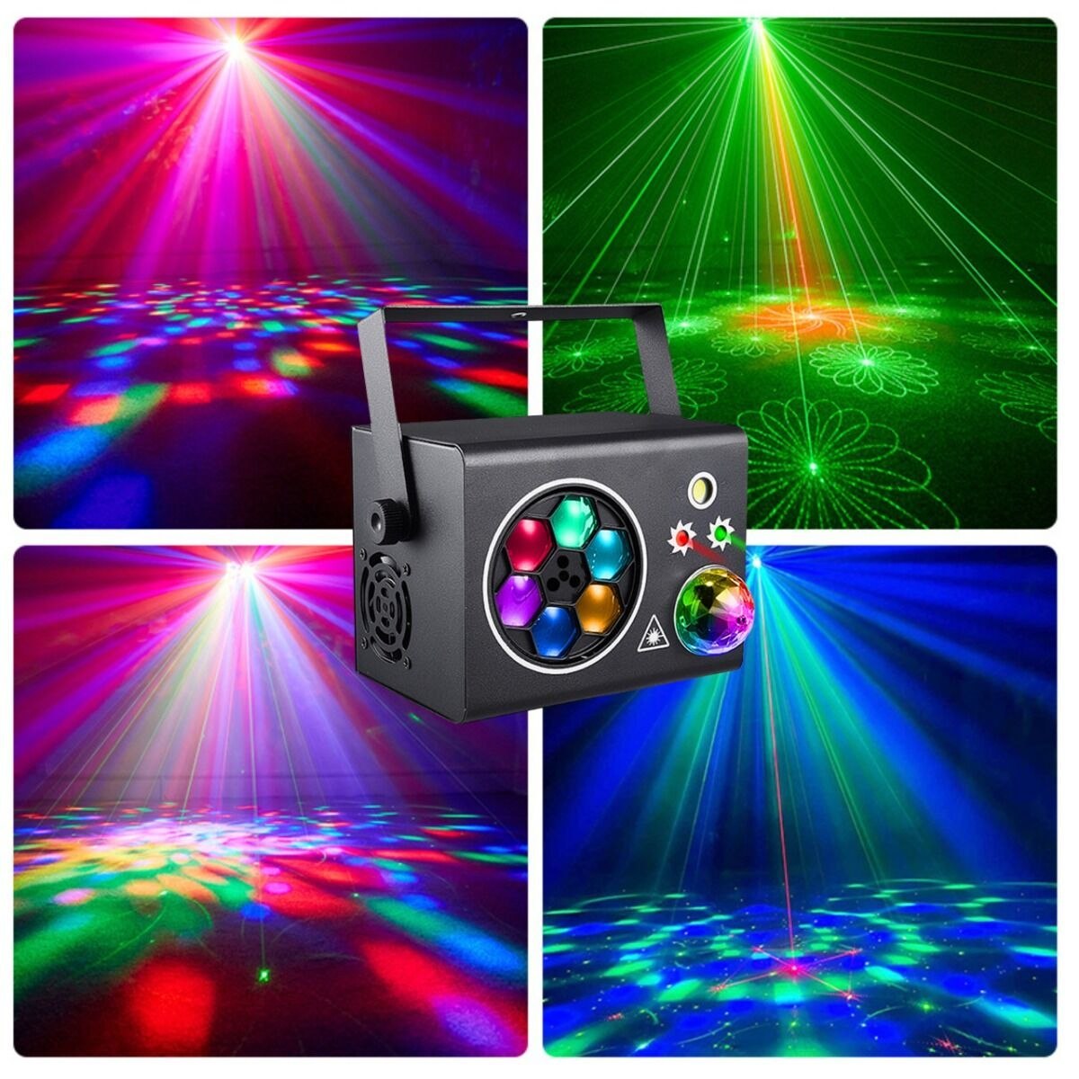 LIGHT4ME PARTY BOX-A efekt dyskotekowy multiefekt oświetleniowy LED DMX 5w1 gobo 6x3W R/G/B/W/P/Y kula disco 3x1W R/G/B laser R/G biały stroboskop 1x10W W uchwyt montażowy