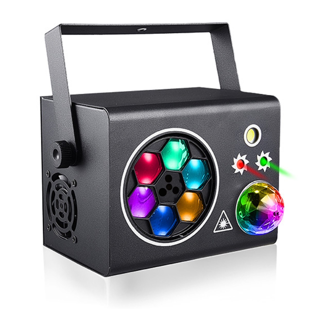 LIGHT4ME PARTY BOX-A efekt dyskotekowy multiefekt oświetleniowy LED DMX 5w1 gobo 6x3W R/G/B/W/P/Y kula disco 3x1W R/G/B laser R/G biały stroboskop 1x10W W uchwyt montażowy