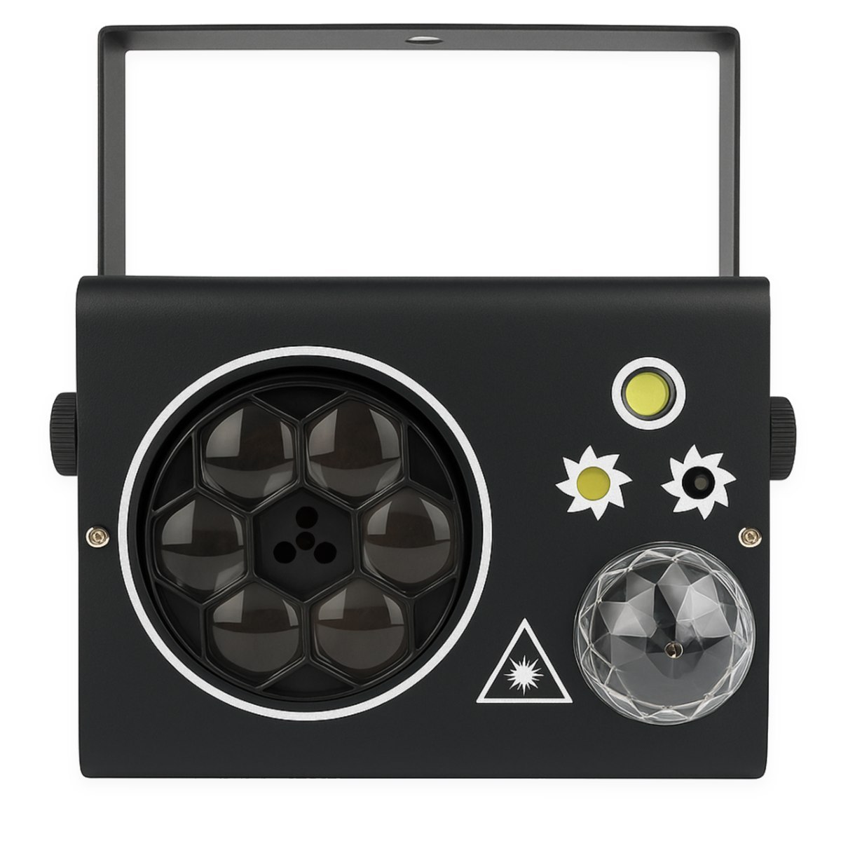 LIGHT4ME PARTY BOX-A efekt dyskotekowy multiefekt oświetleniowy LED DMX 5w1 gobo 6x3W R/G/B/W/P/Y kula disco 3x1W R/G/B laser R/G biały stroboskop 1x10W W uchwyt montażowy