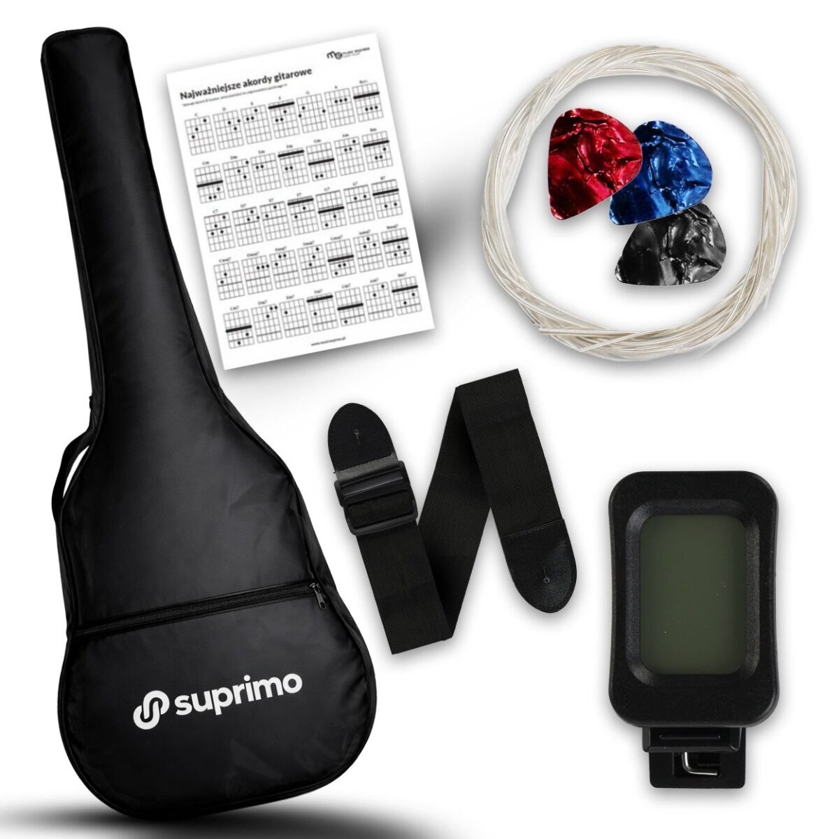 SUPRIMO CGS3 BK gitara klasyczna 4/4 czarna do nauki dla początkujących tuner kostki pasek zapasowe struny pokrowiec akordy zestaw
