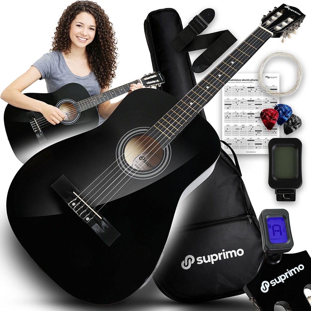 SUPRIMO CGS3 BK gitara klasyczna 4/4 czarna do nauki dla początkujących tuner kostki pasek zapasowe struny pokrowiec akordy zestaw