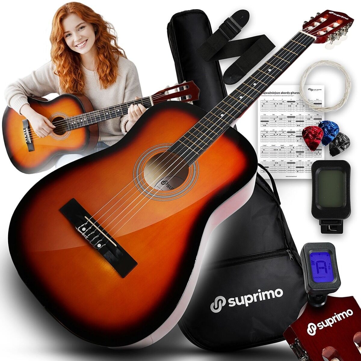 SUPRIMO CGS3 SB gitara klasyczna 4/4 sunburst do nauki dla początkujących tuner kostki pasek zapasowe struny pokrowiec akordy zestaw