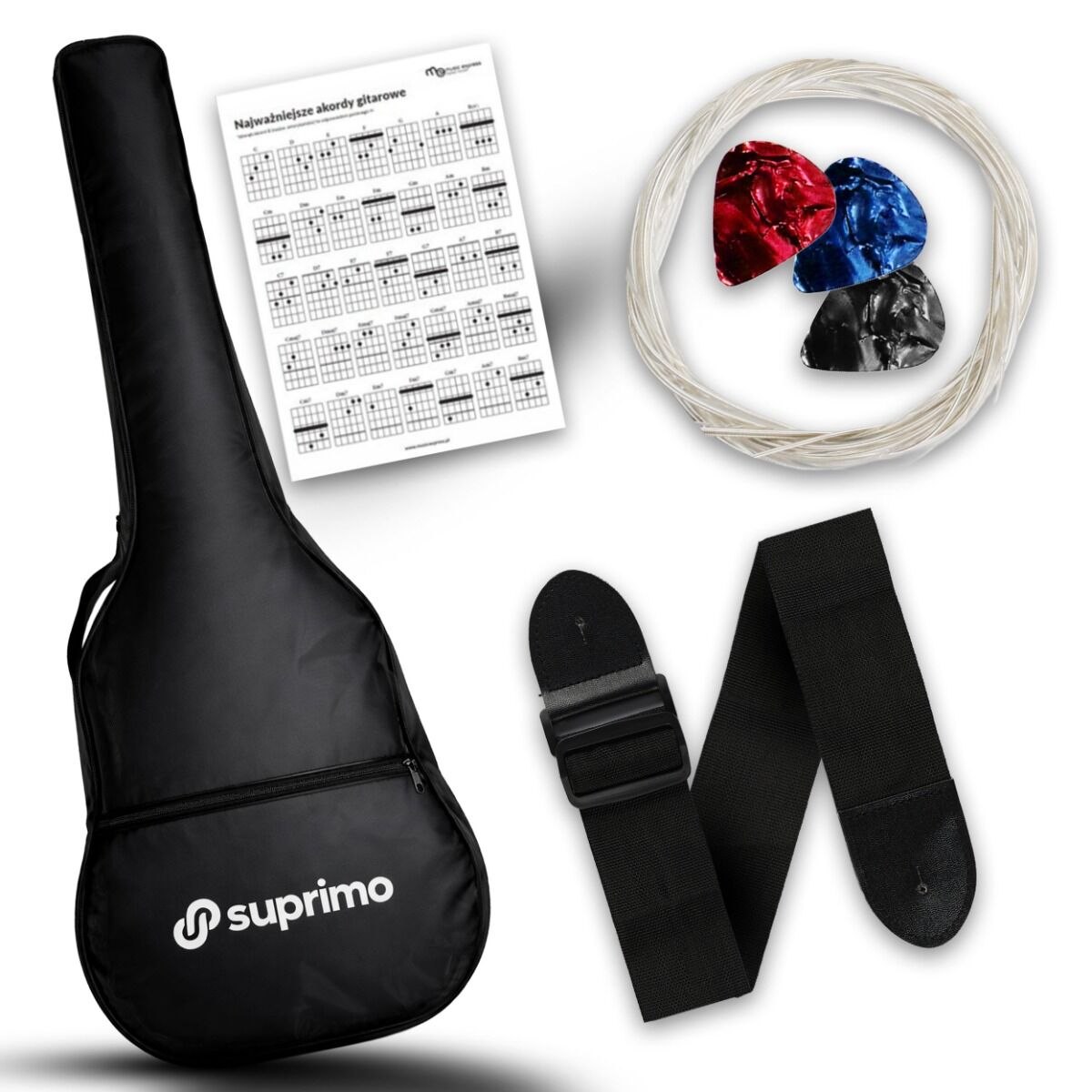 SUPRIMO CGS2 BK gitara klasyczna 4/4 czarna do nauki dla początkujących kostki pasek zapasowe struny pokrowiec akordy zestaw