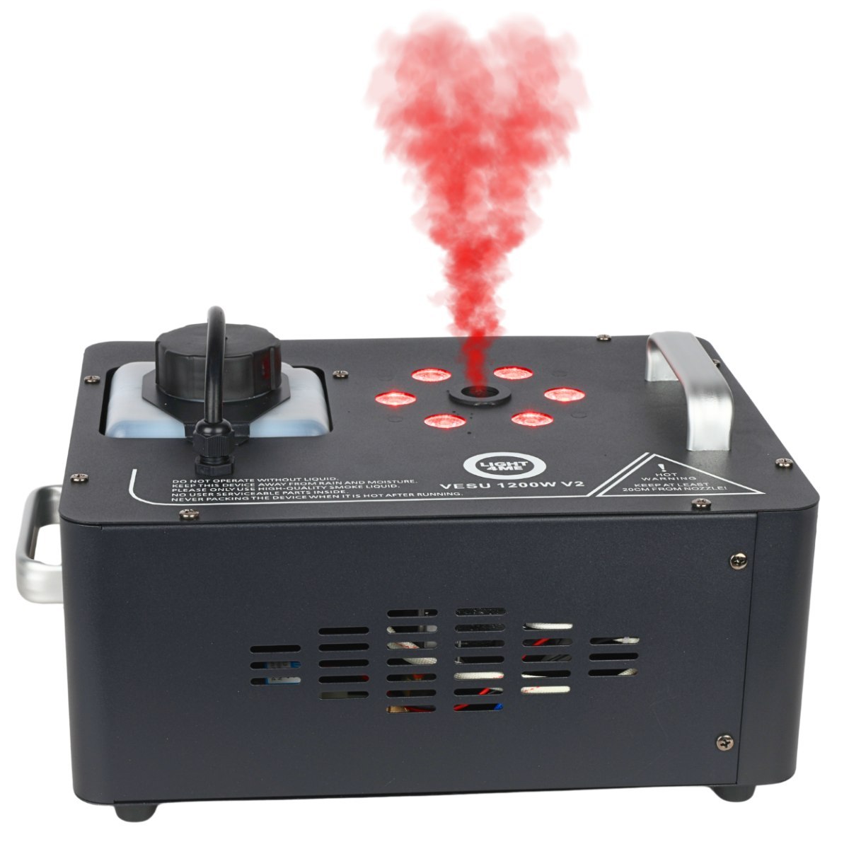 LIGHT4ME VESU 1200W V2 generator wytwornica dymu pionowego mgły DMX efekt świetlny 6x1W RGB LED pilot bezprzewodowy rączki do przenoszenia