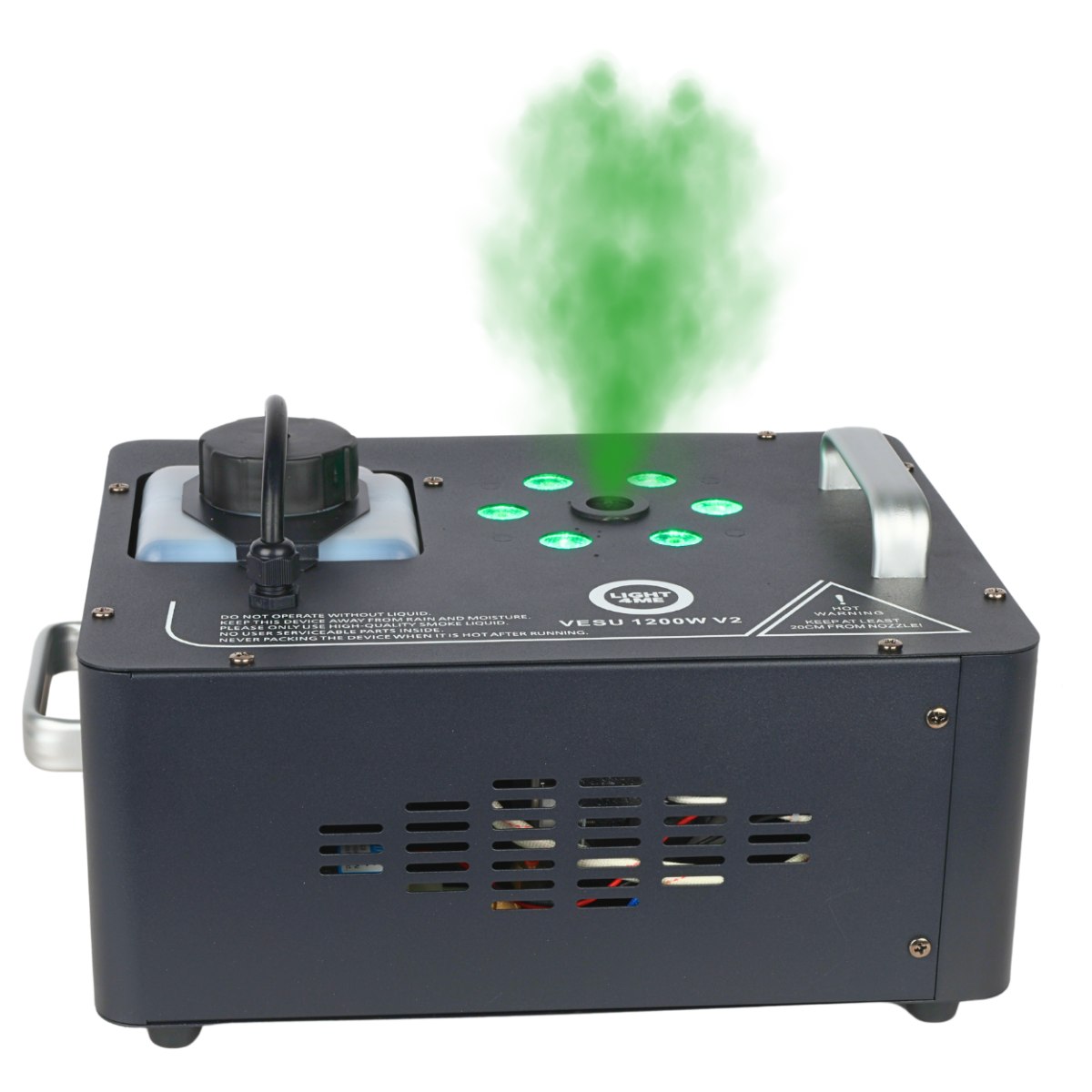 LIGHT4ME VESU 1200W V2 generator wytwornica dymu pionowego mgły DMX efekt świetlny 6x1W RGB LED pilot bezprzewodowy rączki do przenoszenia