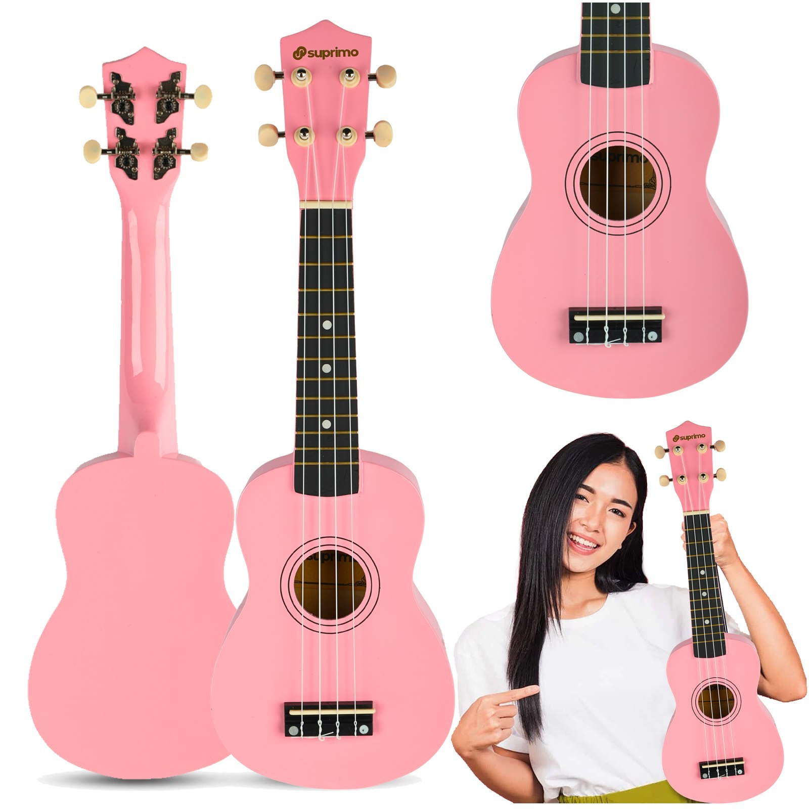 SUPRIMO UK21 SET PK ukulele sopranowe 21" różowe drewniane pokrowiec 3 kostki do gry zapasowe struny tuner zestaw dla dzieci do nauki gry