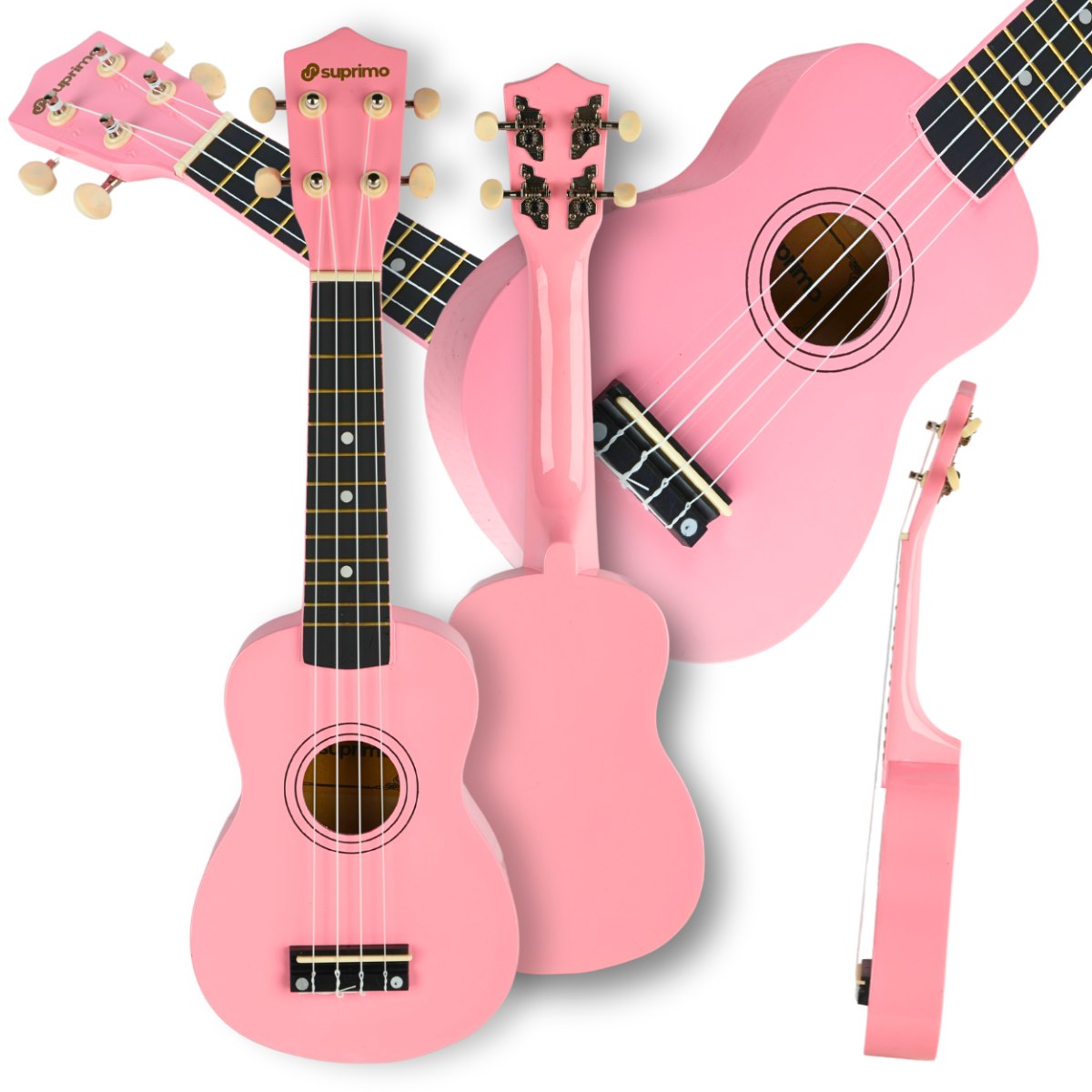 SUPRIMO UK21 SET PK ukulele sopranowe 21" różowe drewniane pokrowiec 3 kostki do gry zapasowe struny tuner zestaw dla dzieci do nauki gry