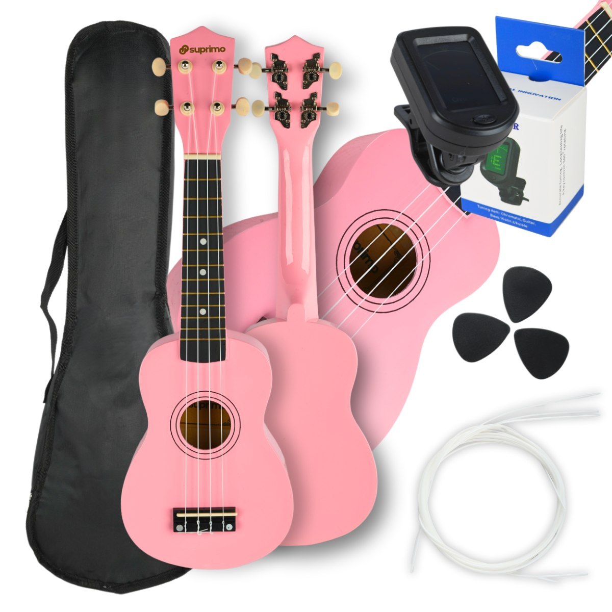 SUPRIMO UK21 SET PK ukulele sopranowe 21" różowe drewniane pokrowiec 3 kostki do gry zapasowe struny tuner zestaw dla dzieci do nauki gry