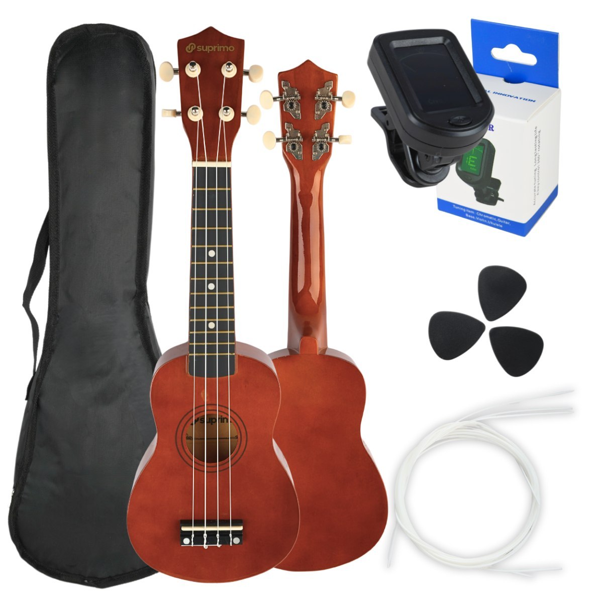 SUPRIMO UK21 SET DW ukulele sopranowe 21" ciemne drewno pokrowiec 3 kostki do gry zapasowe struny tuner zestaw dla dzieci do nauki gry