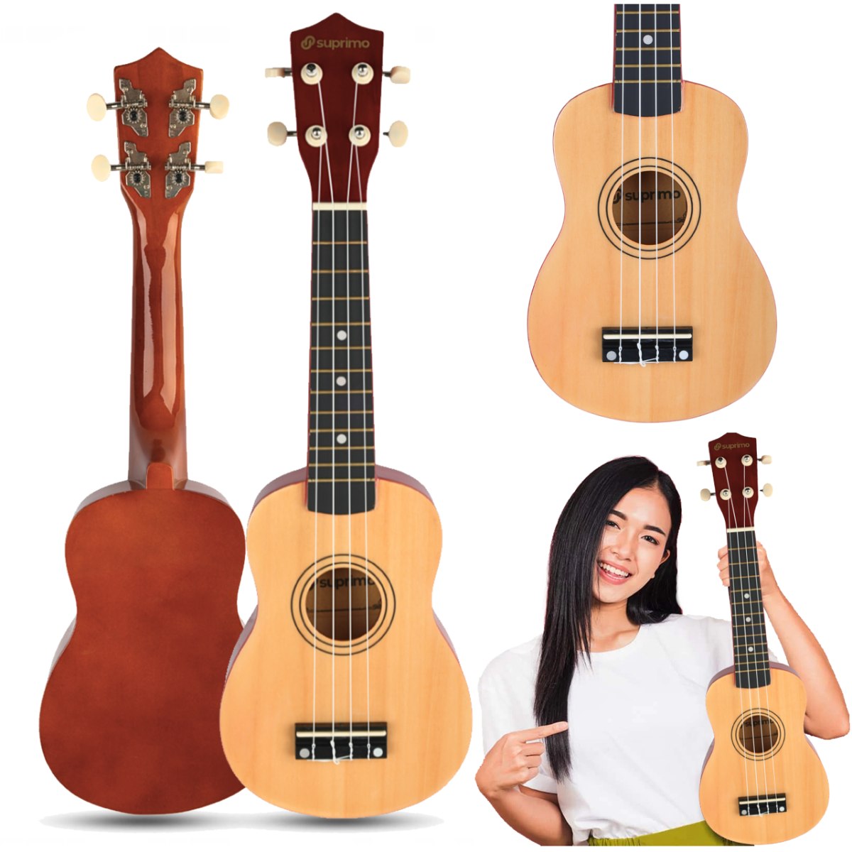SUPRIMO UK21 SET NW ukulele sopranowe 21" naturalne drewno pokrowiec 3 kostki do gry zapasowe struny tuner zestaw dla dzieci do nauki gry