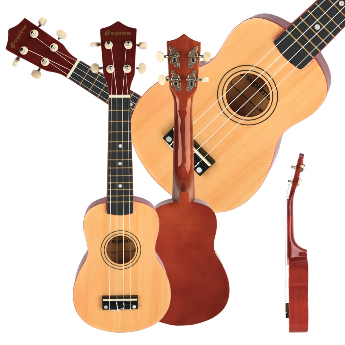 SUPRIMO UK21 SET NW ukulele sopranowe 21" naturalne drewno pokrowiec 3 kostki do gry zapasowe struny tuner zestaw dla dzieci do nauki gry