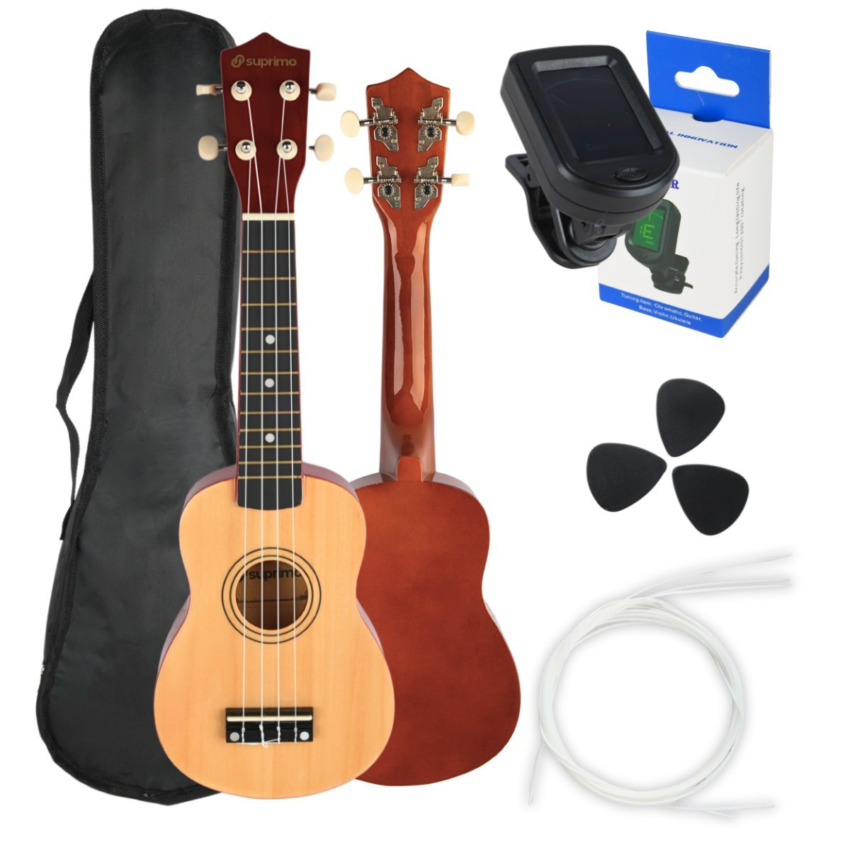 SUPRIMO UK21 SET NW ukulele sopranowe 21" naturalne drewno pokrowiec 3 kostki do gry zapasowe struny tuner zestaw dla dzieci do nauki gry