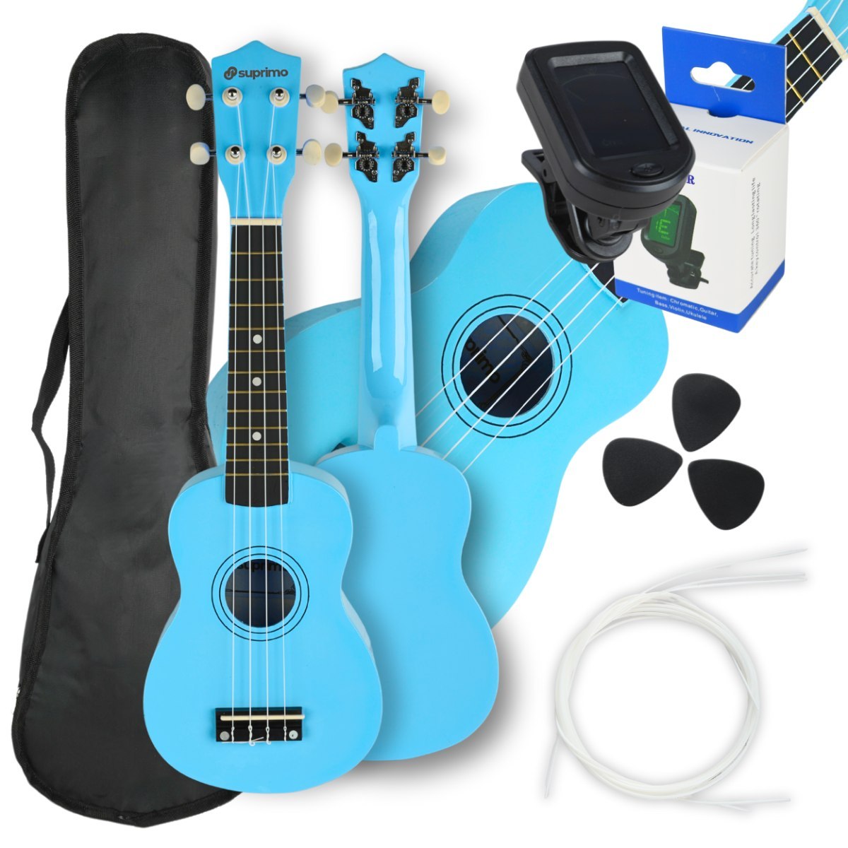 SUPRIMO UK21 SET LB ukulele sopranowe 21" niebieskie drewniane pokrowiec 3 kostki do gry zapasowe struny tuner zestaw dla dzieci do nauki gry