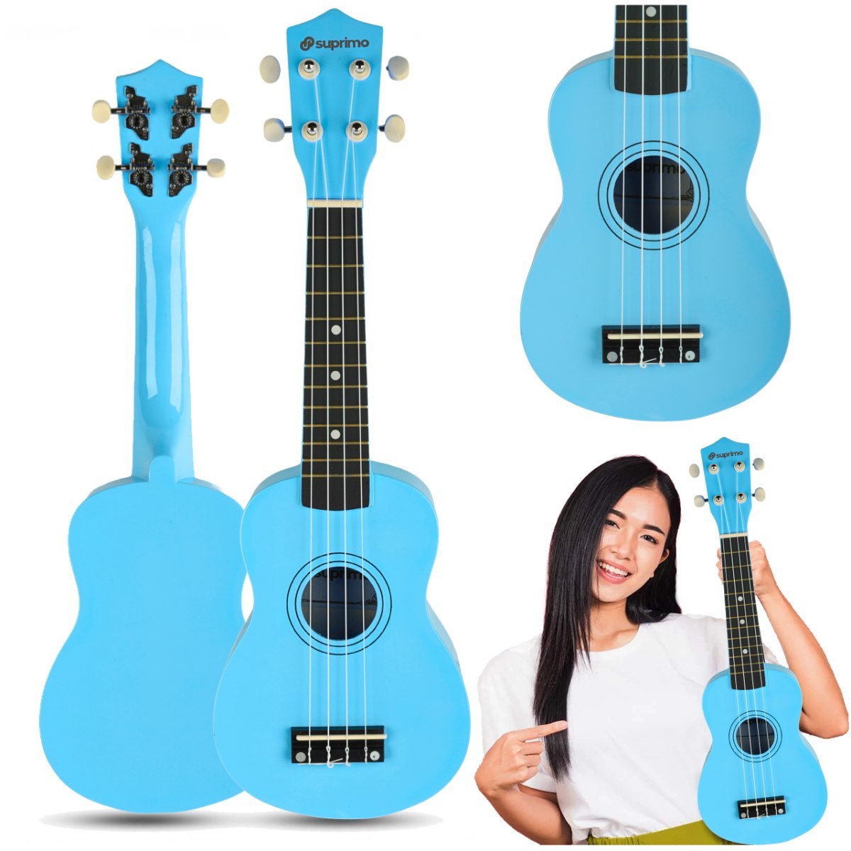 SUPRIMO UK21 SET LB ukulele sopranowe 21" niebieskie drewniane pokrowiec 3 kostki do gry zapasowe struny tuner zestaw dla dzieci do nauki gry