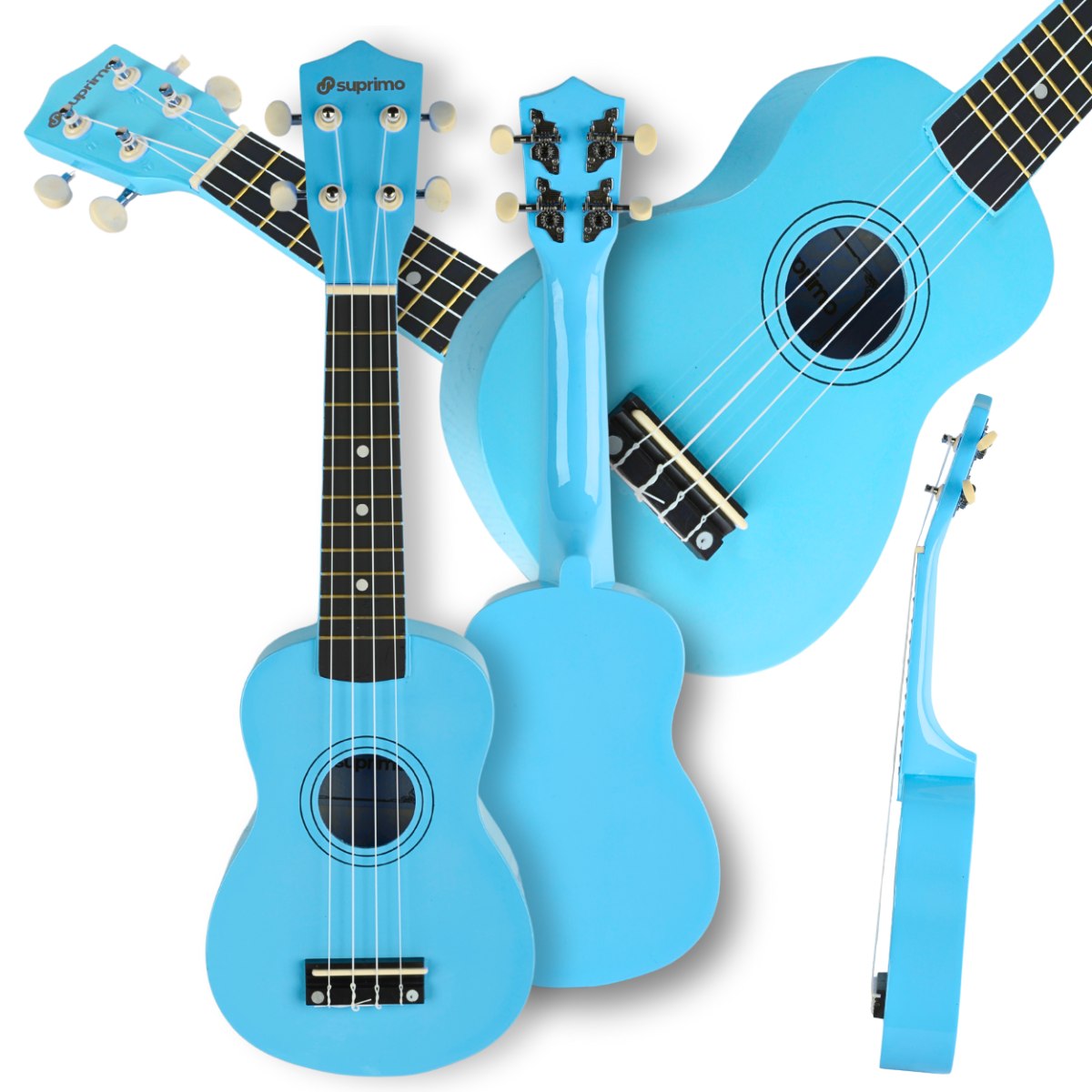 SUPRIMO UK21 SET LB ukulele sopranowe 21" niebieskie drewniane pokrowiec 3 kostki do gry zapasowe struny tuner zestaw dla dzieci do nauki gry