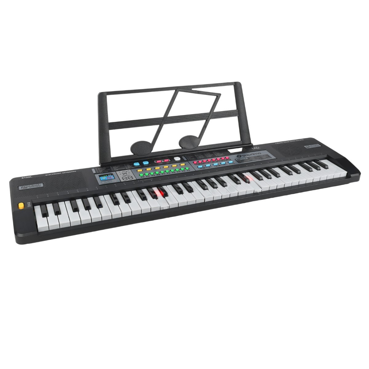 SUPRIMO 6109L keyboard edukacyjny bateryjny podświetlane klawisze organy dla dzieci do nauki gry pulpit do nut mikrofon zasilacz AUX wyjście słuchawkowe