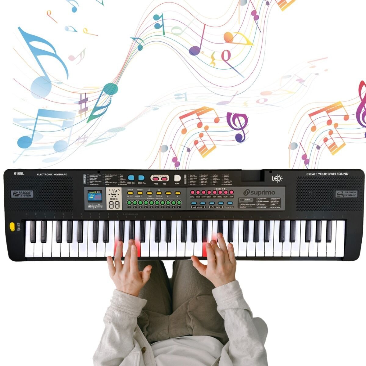 SUPRIMO 6109L keyboard edukacyjny bateryjny podświetlane klawisze organy dla dzieci do nauki gry pulpit do nut mikrofon zasilacz AUX wyjście słuchawkowe