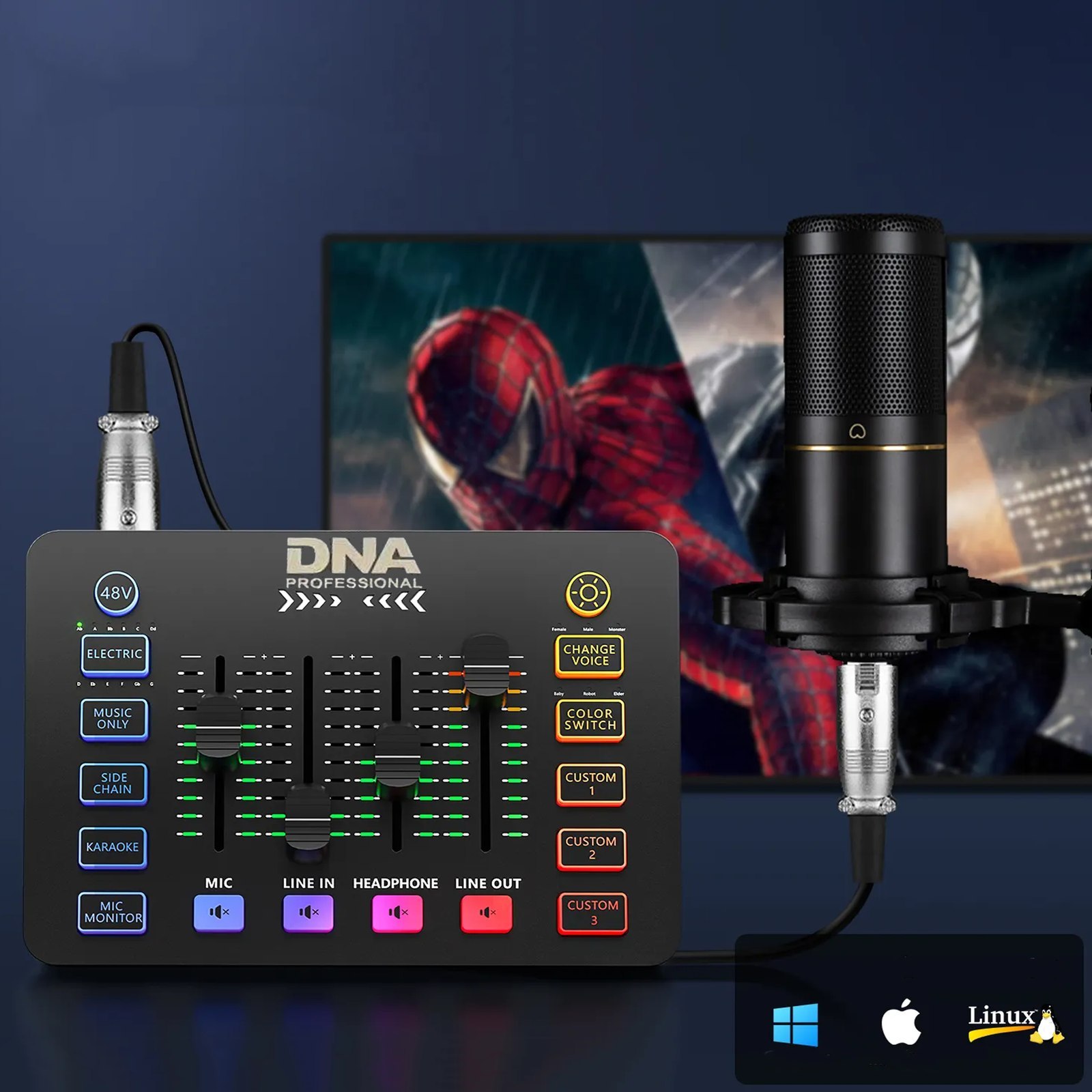 DNA SC ONE analogowy mikser audio 2 kanały USB-C Phantom podświetlenie RGB zmiana głosu pogłos personalizowane efekty dźwiękowe