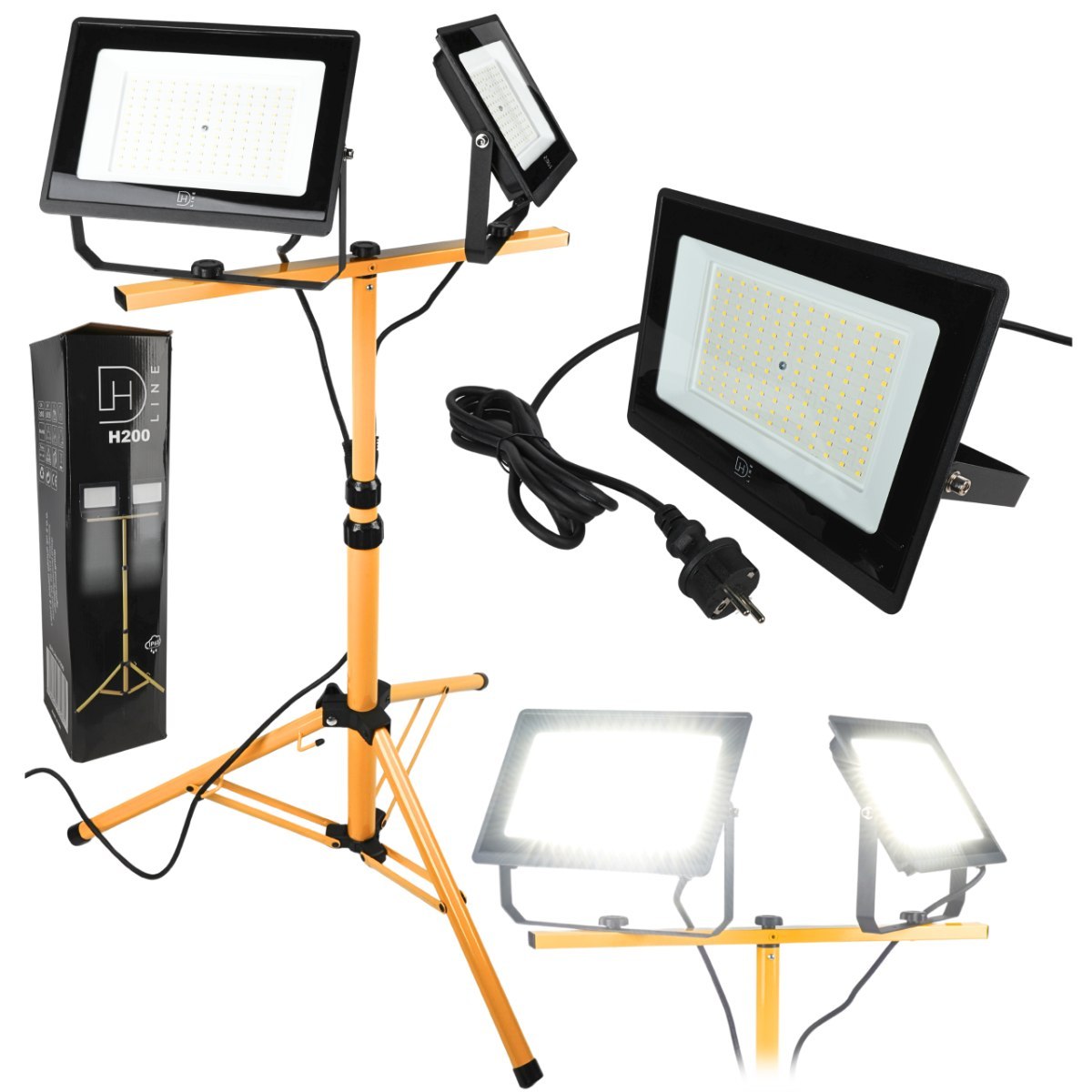 DH Line H200 lampa robocza halogen budowalny naświetlacz LED 2x100W IP65 statyw stojak przewód 3 m zestaw