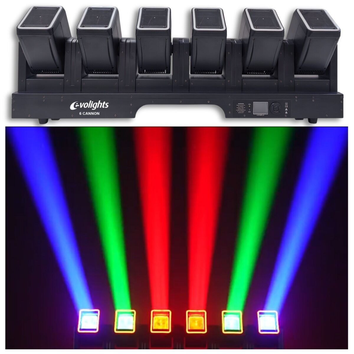 EVOLIGHTS 6 CANNON belka oświetleniowa 6x głowica ruchoma beam efekt ring DMX 6x60W RGBW LED+126x0,3W RGB LED 2x uchwyt montażowy omega