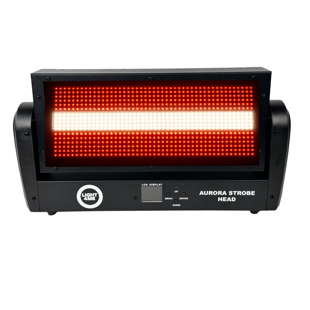 LIGHT4ME AURORA STROBE HEAD ruchomy stroboskop sceniczny oświetlenie LED efekt świetlny 672x0,2W RGB SMD5050+144x1W WW SMD3030 2x uchwyt montażowy omega