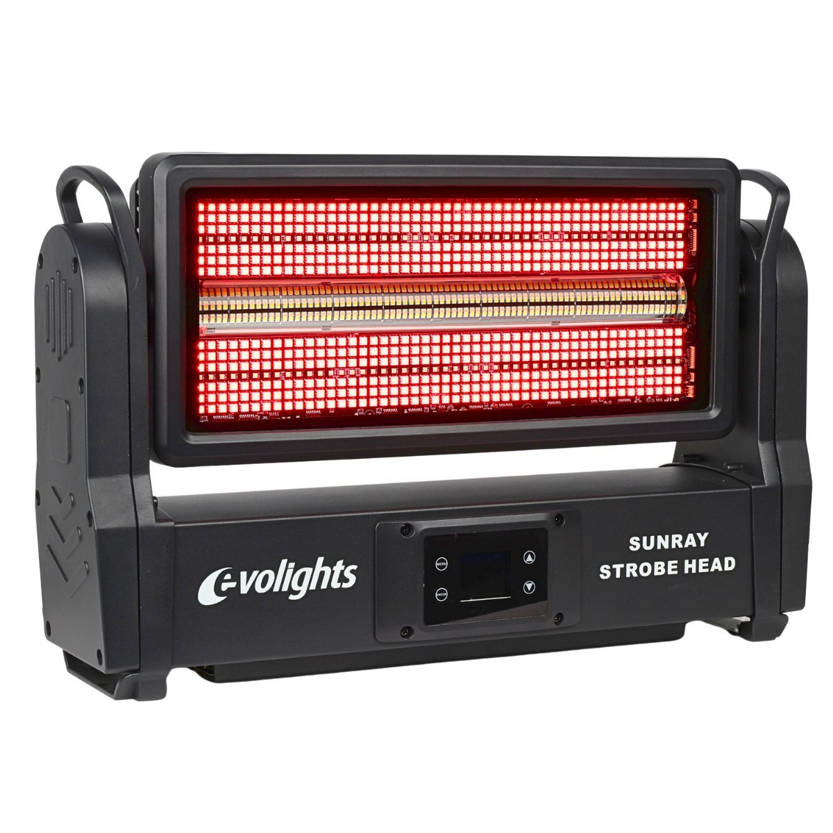 EVOLIGHTS SUNRAY STROBE HEAD ruchomy stroboskop sceniczny IP65 oświetlenie LED efekt świetlny 576x0,2W RGB SMD 5050+336x1W CW/A SMD 3030 2x uchwyt montażowy omega