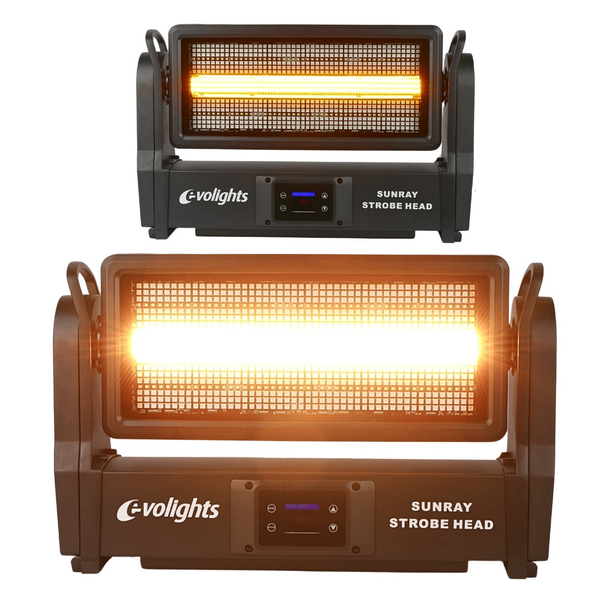 EVOLIGHTS SUNRAY STROBE HEAD ruchomy stroboskop sceniczny IP65 oświetlenie LED efekt świetlny 576x0,2W RGB SMD 5050+336x1W CW/A SMD 3030 2x uchwyt montażowy omega